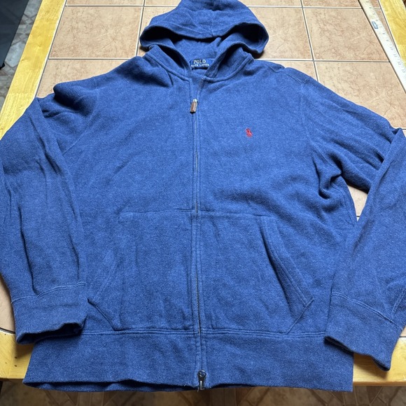 Polo Ralph Lauren Sweatshirt Medium Blue Full Zip Hoodie Pockets Mens Red Pony - Picture 1 of 9